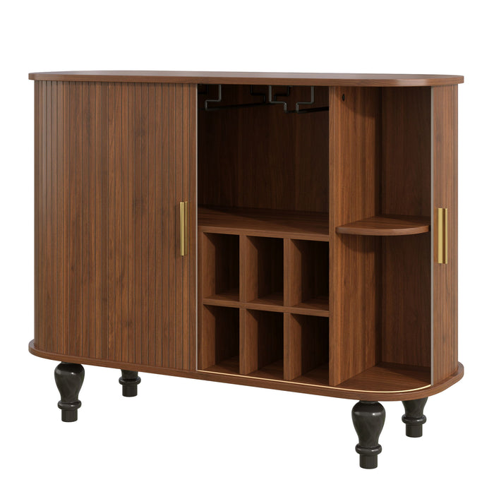 Fluted Liquor & Coffee Bar Cabinet With 6 Wine Racks And 3 Glass Holders