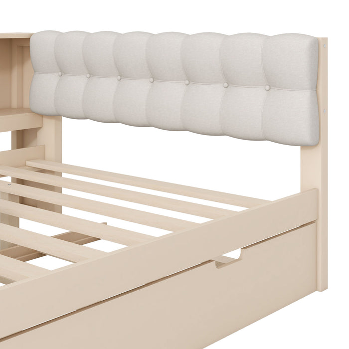 Upholstered Headboard Platform Bed With Storage Shelves, Trundle, Charging Station