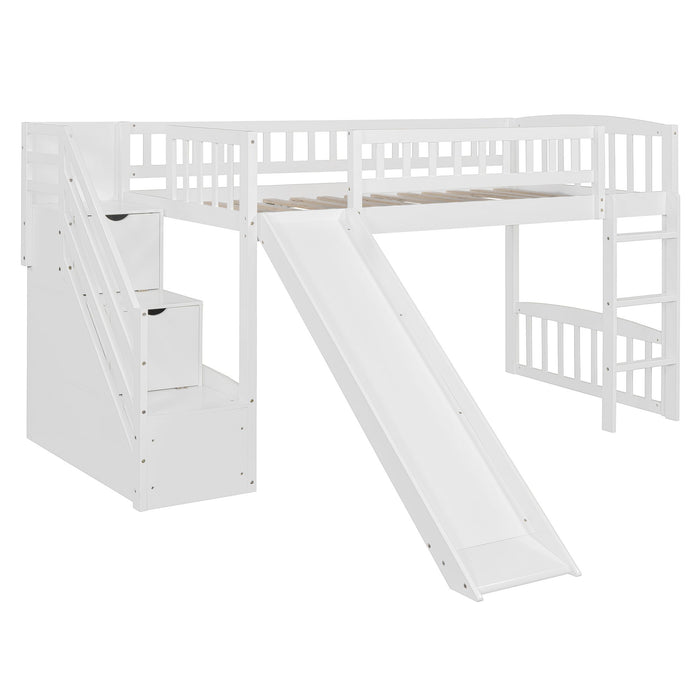 Loft Stairway Bed With 2 Drawers, Convertible Ladder And Slide
