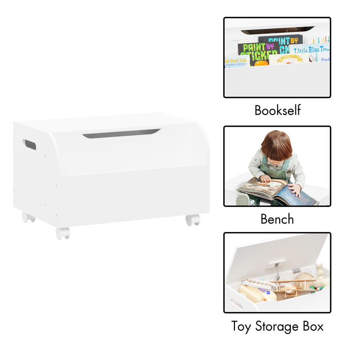 Toy Box With 4 Universal Wheels, Kids Playroom Storage Organizer With Front Bookshelf, Flip Top Lid, Safety Hinge - White