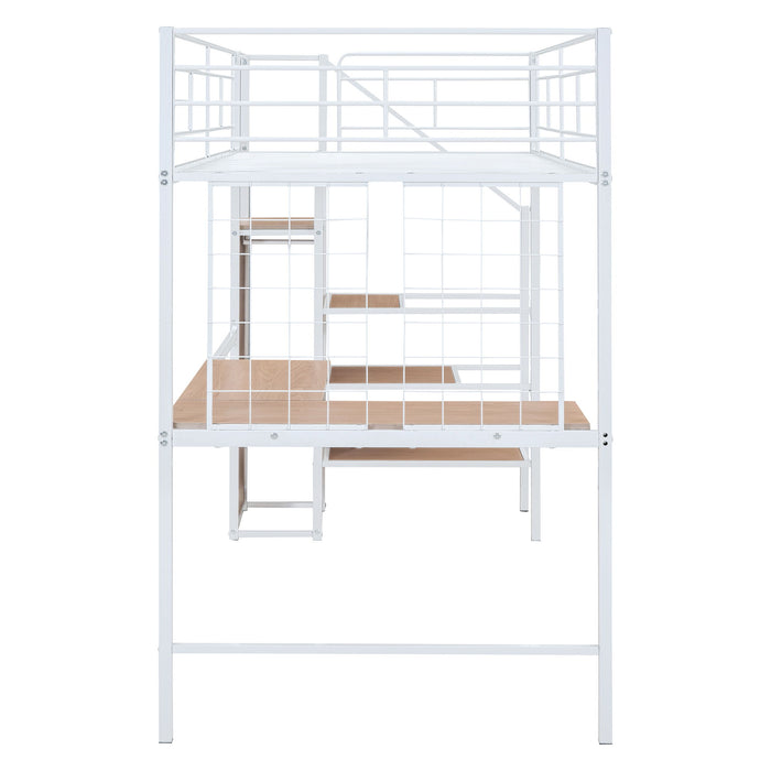 Loft Bed With Desk And Grid, Stylish Frame With Lateral Storage Ladder And Wardrobe