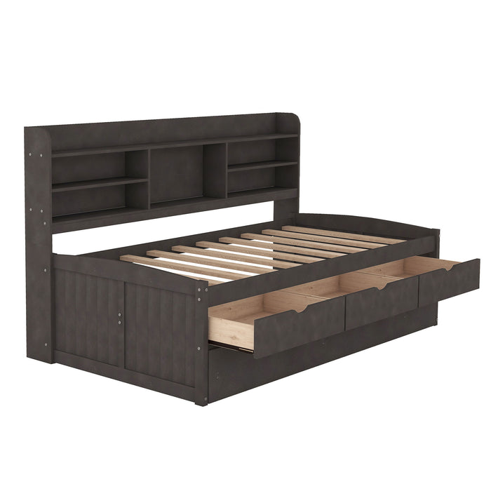 Captain Bed With Built In Bookshelves, 3 Storage Drawers, And Trundle