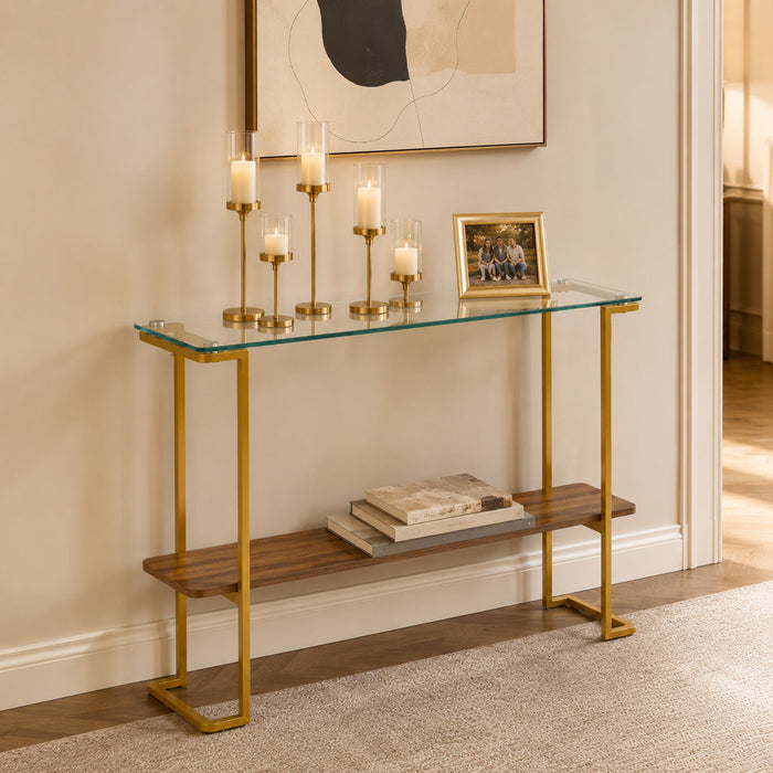 Console Table With Shelf, 2 Tier Living Room - Gold / Walnut