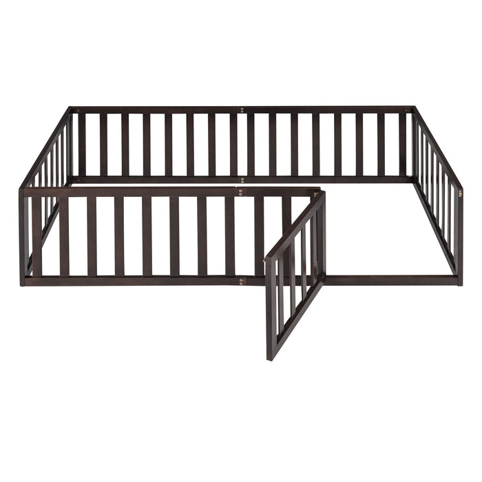 Twin Size Floor Bed Frame With Fence And Door - Walnut