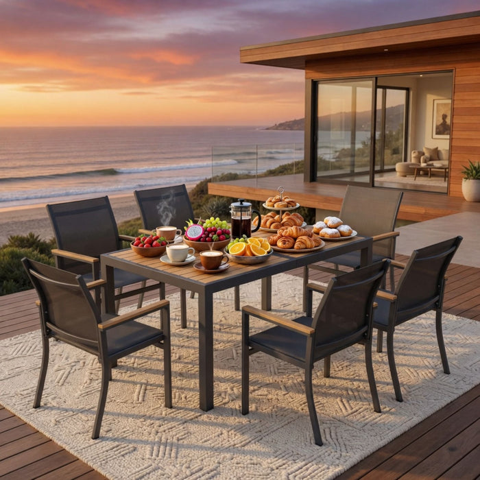 7 Piece Gray Aluminum Patio Dining Set With Textilene Chairs For Outdoor Living Frame With Accents, 59" Rectangle Table, All Weather Durable