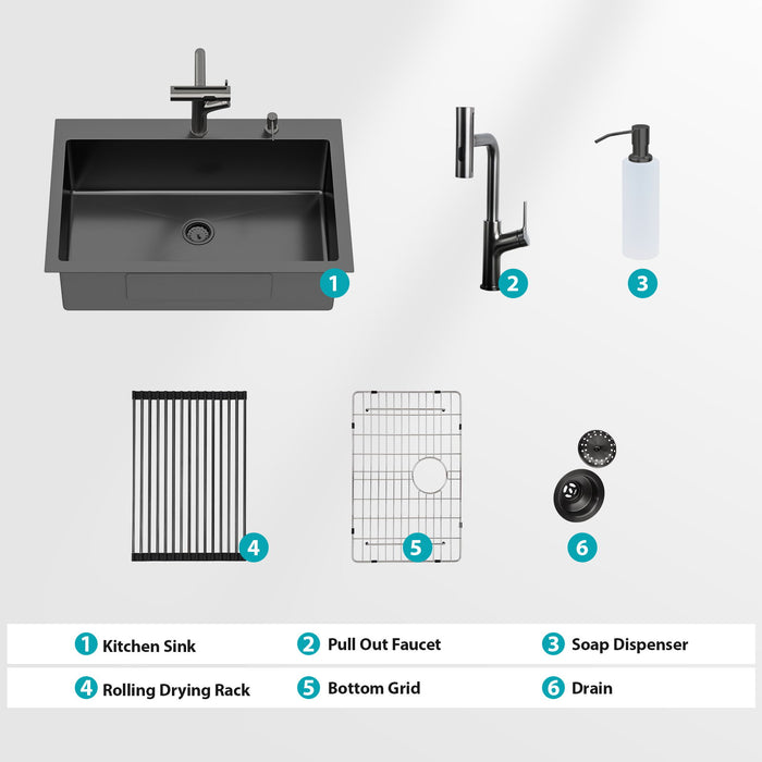 Drop-In Stainless Steel Kitchen Sink With Pull-Out Faucet And Soap Dispenser