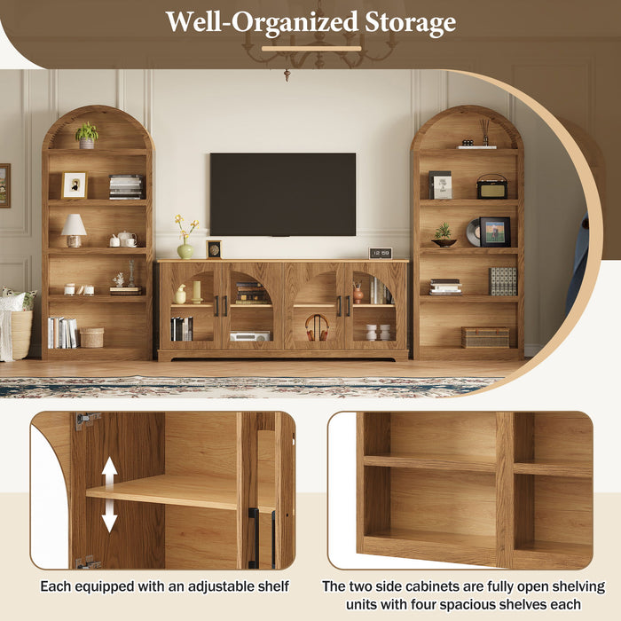 3 Piece TV Stand Set With Bookshelf With Arched Design For Living Room - Brown