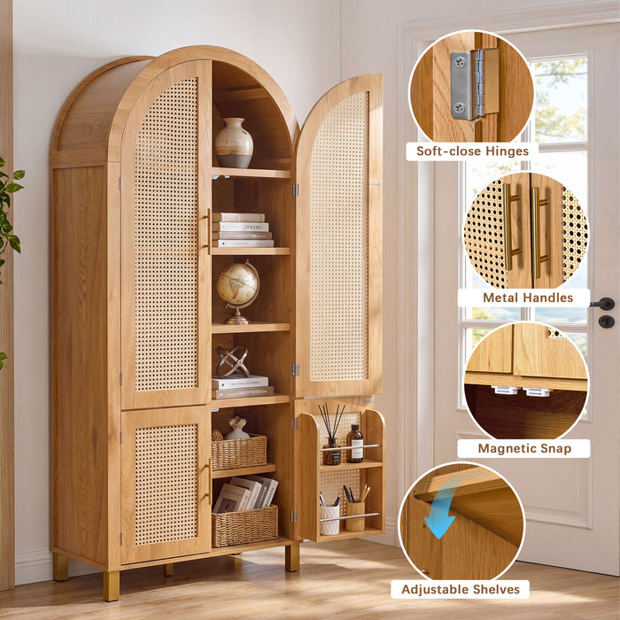 Tall Arched Cabinet With Rattan Doors & Adjustable Shelves