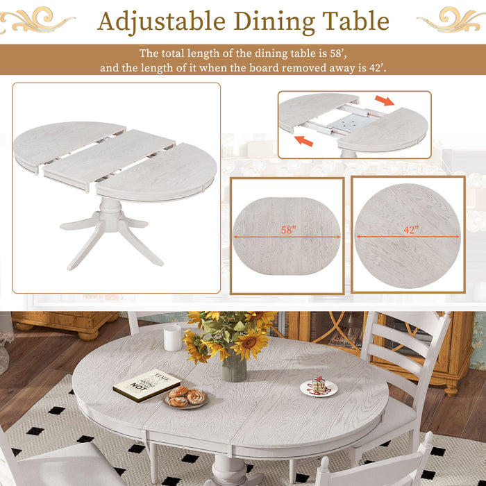 5 Piece Retro Functional Dining Table Set With Extendable Round Table And Upholstered Chairs