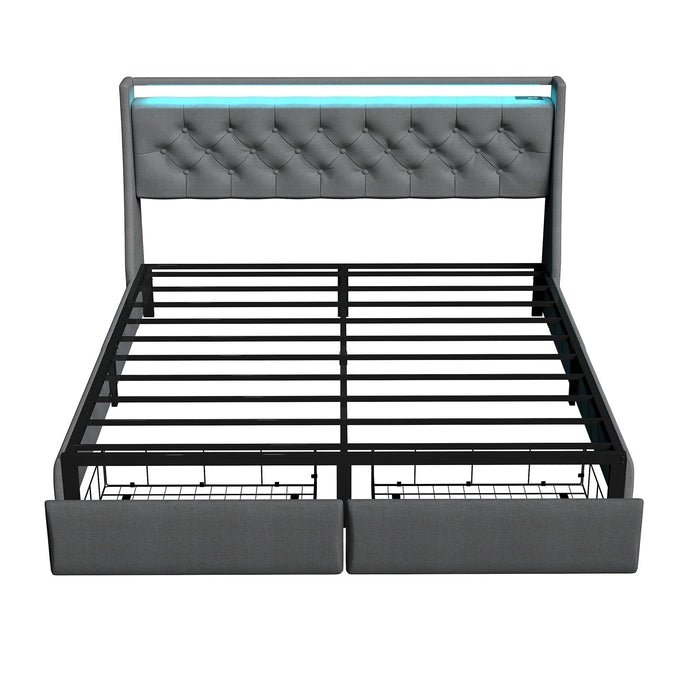 Floating Bed Frame With Rgb LED Light, 2 Storage Drawers & Headboard Shelf