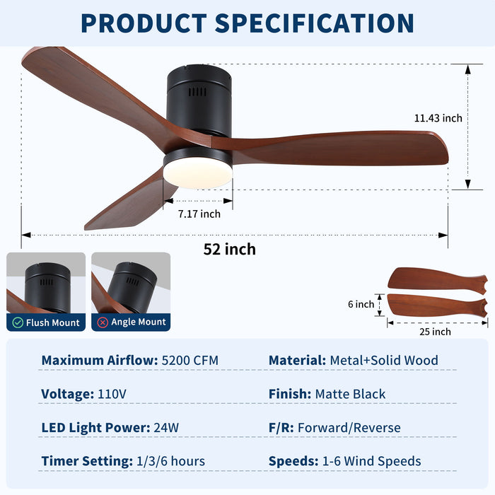 Low Profile Flush Mount Intergrated LED Ceiling Fan With Light And Silent Reversible Motor