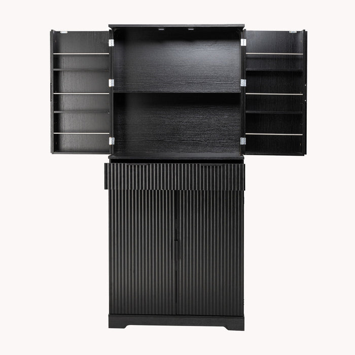 Fluted Kitchen Pantry Cabinet With 3 Keyboard Drawers & 6 Door Shelves Adjustable