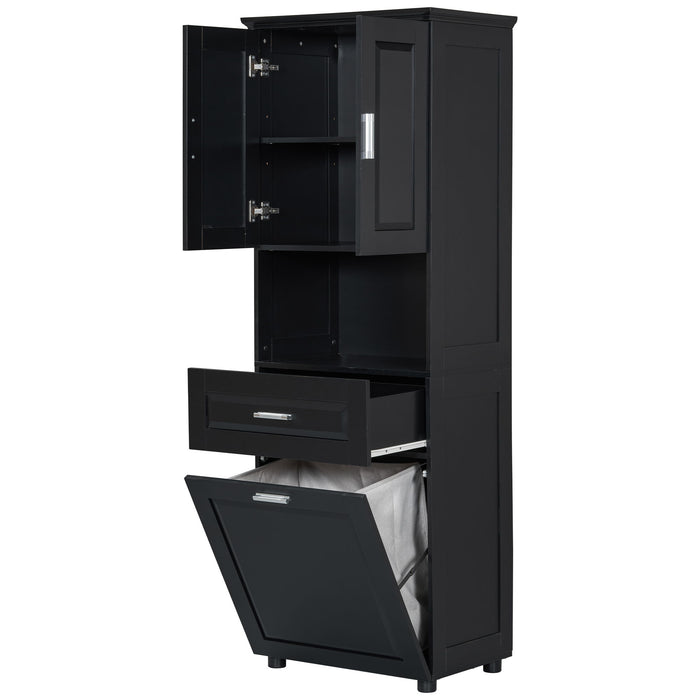 Tall Bathroom Cabinet With Tilt-Out Laundry Basket And Upper Storage