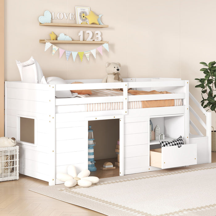 Low Loft Bed With Stair, Drawer, And Shelf