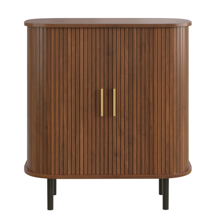 Fluted Wine Bar Cabinet With 8 Grid Wine Rack, 5 Level Adjustable Shelves, 2 Glass Holders