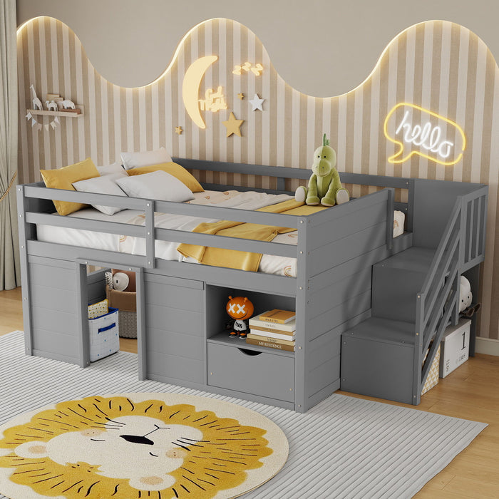 Low Loft Bed Frame With Built In Stairs, Storage Drawer, Shelf And 7 Color LED Light