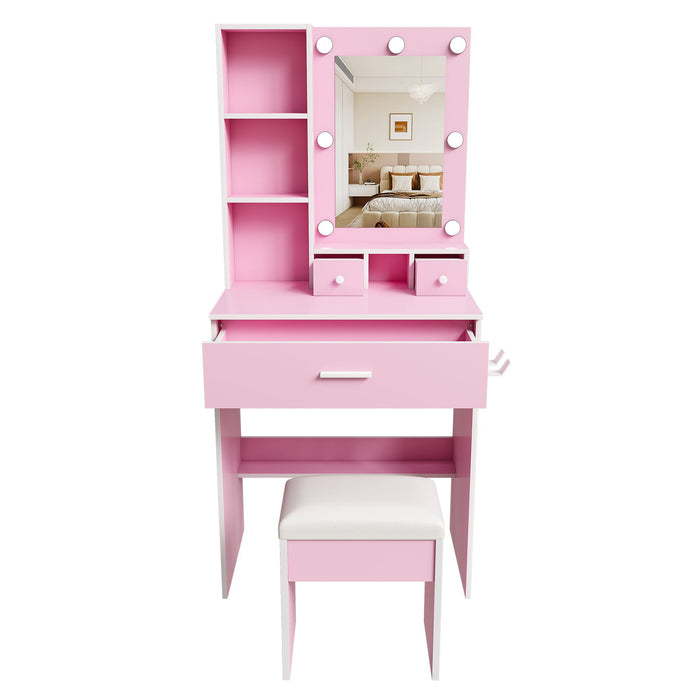 Vanity Table With Mirror, Adjustable LED Lights, Power Outlet, Hairdryer Holder & Stool