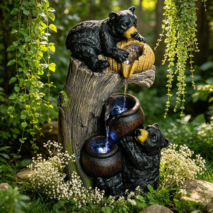 Bear Tree Stump Outdoor Water Fountain With LED Lights - Brown Gray