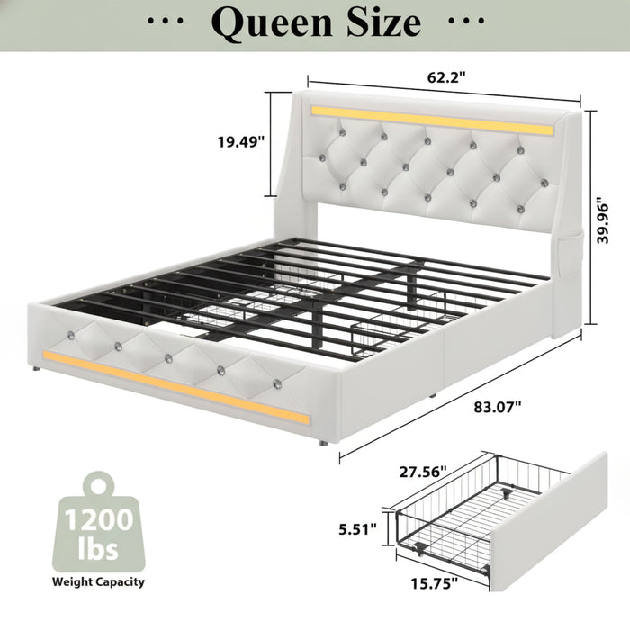 Wingback Upholstered Bed Frame With LED Lights, Charging Station
