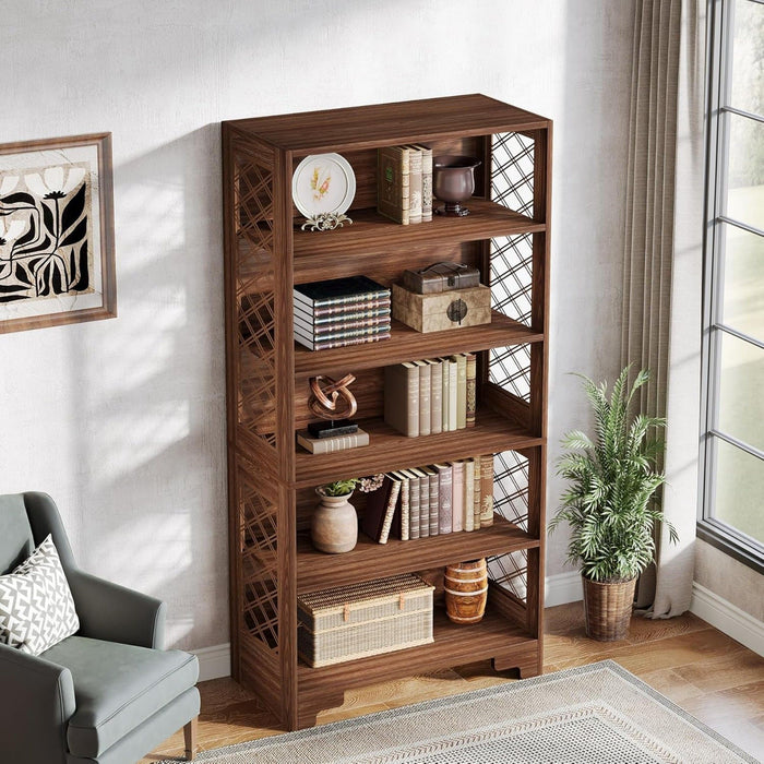 6 Tier Brown Mid Century Bookcase With X Design For Living Room - Brown