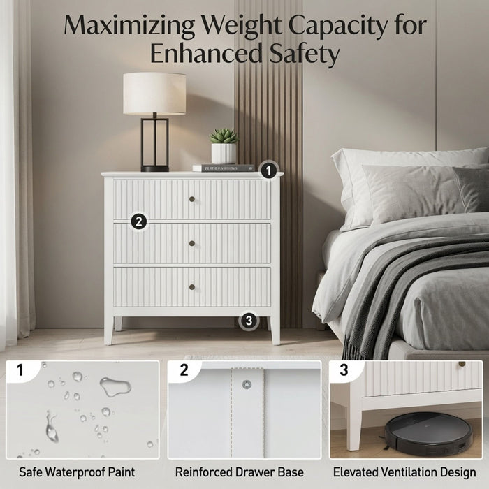 3 Drawer Nightstand, Wide With Soft Close Slides - White