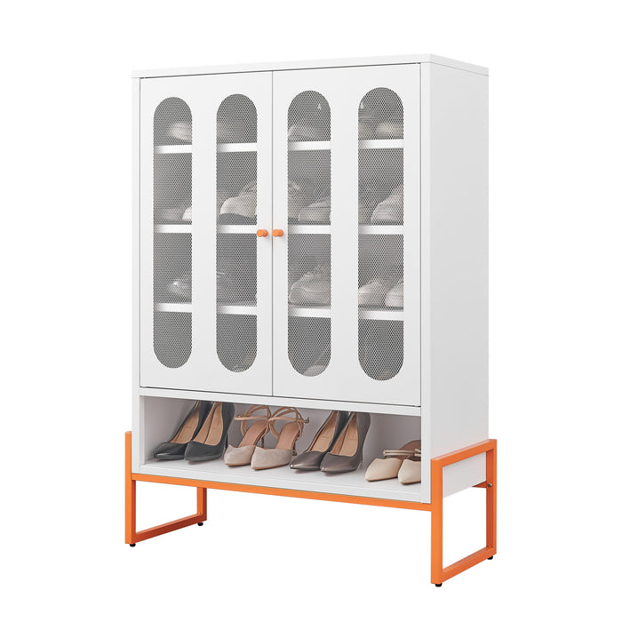Modern Metal Shoe Cabinet With DoublebSided Mesh Doors And Adjustable Partitions