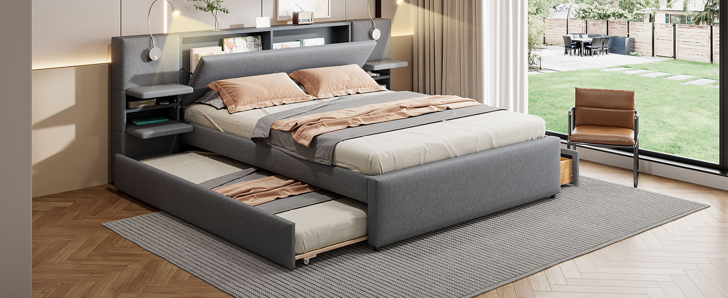 Upholstered Platform Bed With Reading Lights, Drawers, Trundle And Shelves