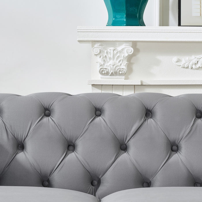 Chesterfield 3 And 2 Seater Velvet Upholstery Sofa With Roll Armrest & Nailhead Fabric Couch