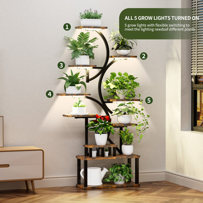 S - Shaped, 10 Tier Plant Stand With 5 Grow Lights - Deep Rustic Brown