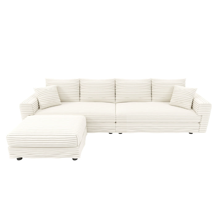 Plush Corduroy 4 Seat Sofa With Soft Pillows And Movable Ottoman