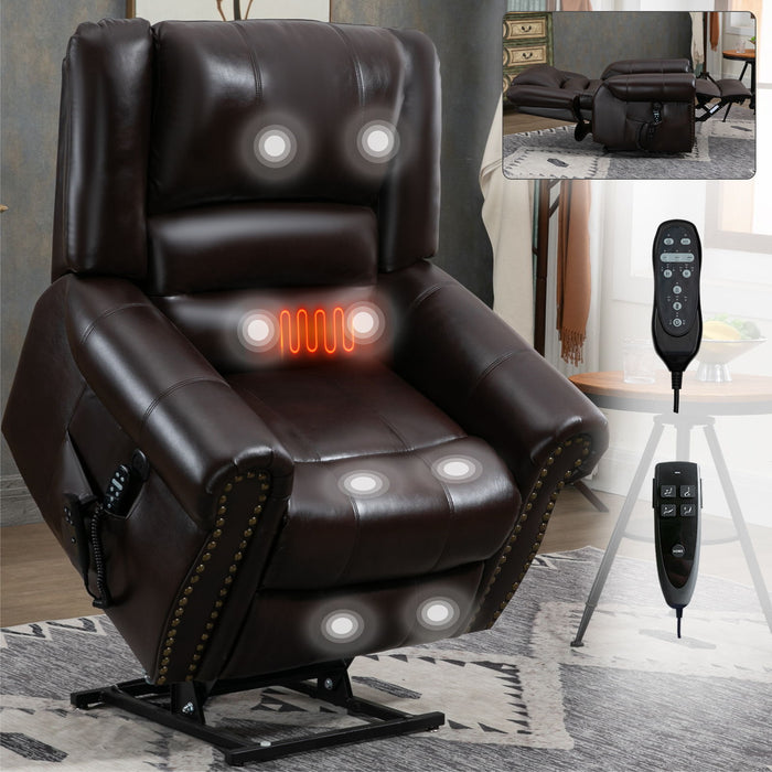 Power Lift Recliner Chair Heat Massage Dual Motor Infinite Position With USB Ports - Antique Brown