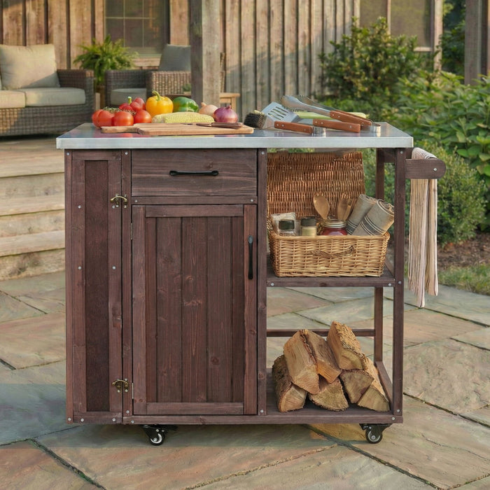 Outdoor Kitchen Island Prep Station With Lockable Wheels, Ample Storage, Towel & Spice Racks