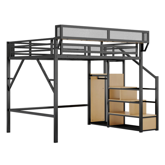 Queen Size Loft Bed & Stairs, Storage Shelves, Wardrobe - Black / Wood