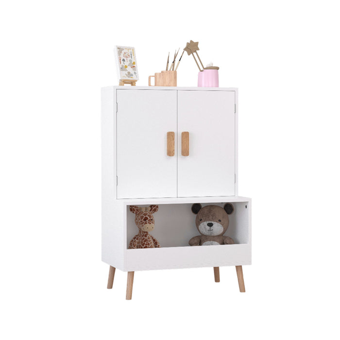 Toy Storage Cabinet With Doors And Open Shelf, Toddler Bookshelf For Playroom - White