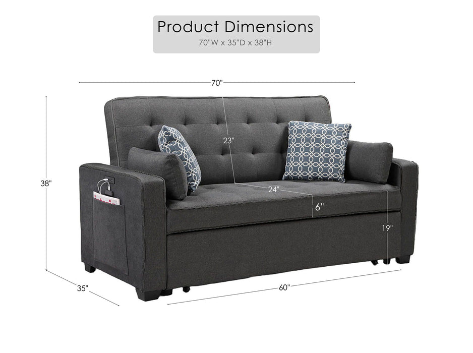 William - Sleeper Sofa With 2 USB Charging Ports And 4 Accent Pillows - Gray