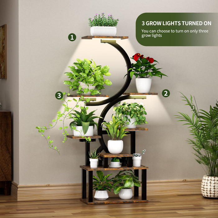 8 Tier Indoor Plant Stand With 5 Grow Lights For Living Room - Rustic Brown
