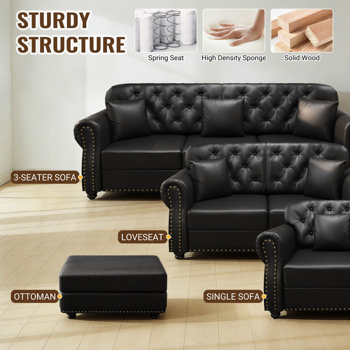 Sofa With Nailhead Trim And Rolled Armrests, Includes 1 Pillow - Black