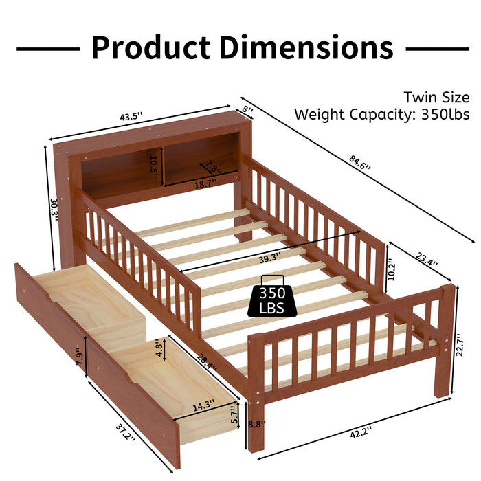 Bed With Headboard Storage Rack, 2 Under Bed Drawers, 3 Side Guardrails For Safety