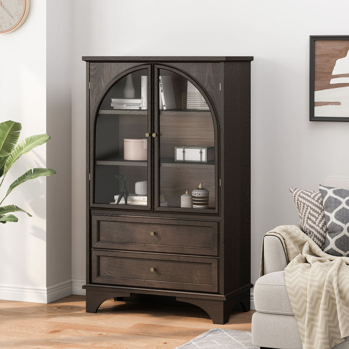 Glass Door Display Case With 2 Drawers And Adjustable Shelf