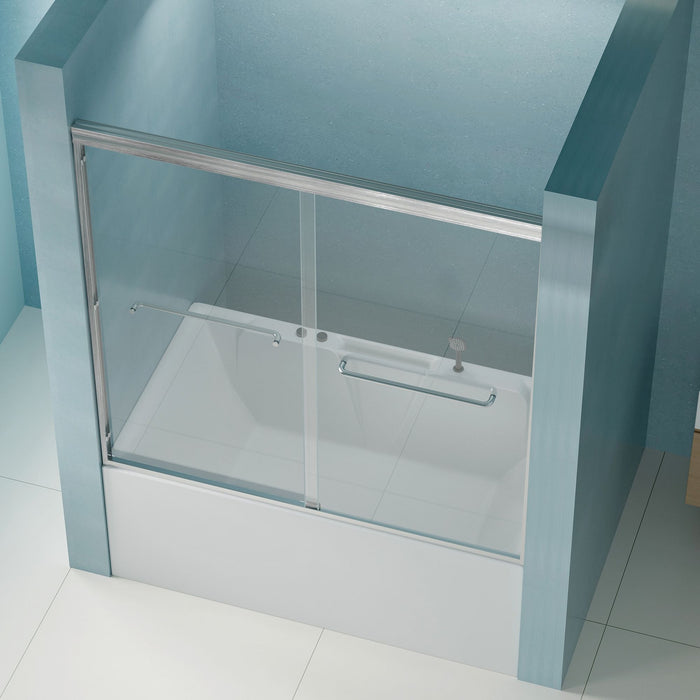 Double Sliding Bathtub Shower Door, Semi Frameless Bypass, 1 / 4" (6Mm) With Explosion - Proof Film, Adjustable Aluminum Alloy Frame