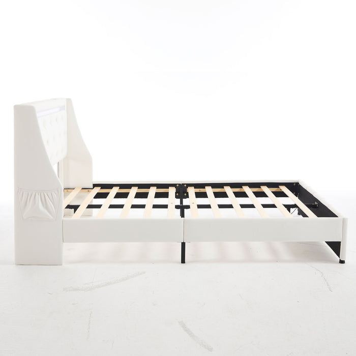 Wingback Upholstered Bed Frame With LED Lights, Charging Station