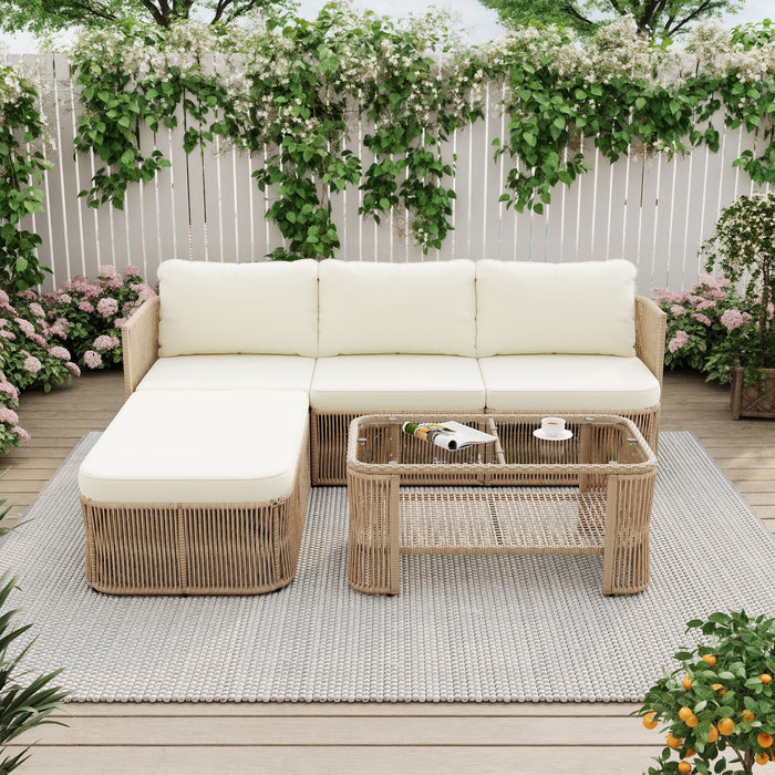 Outdoor Modular Conversation Sofa With Cushions And Coffee Table - Beige