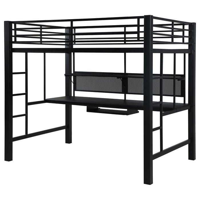 Ranier - Full Workstation Loft Bed, Full Length Desk, Safety Rails And Storage Shelves - Black