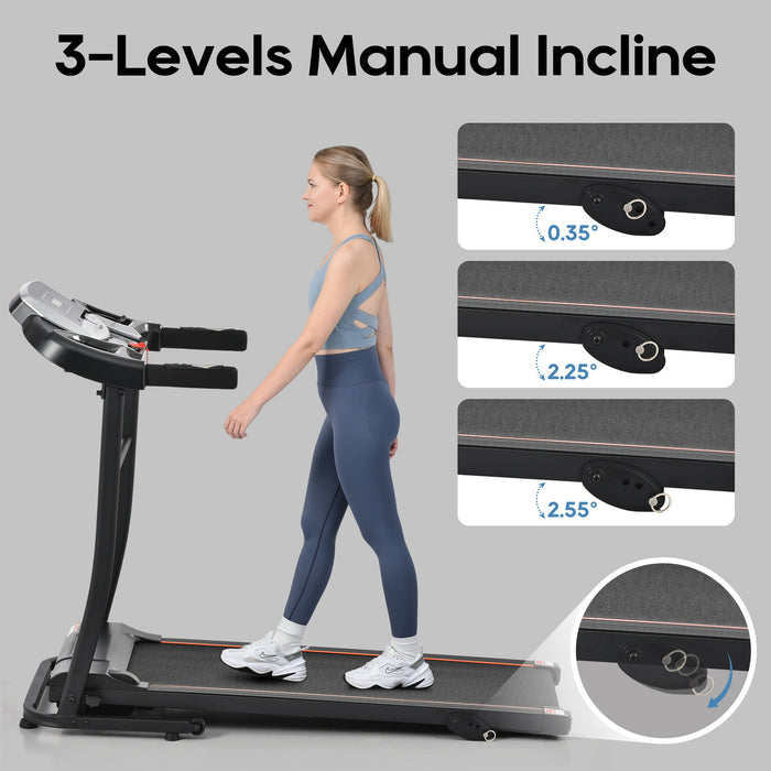 Folding Treadmill With Incline And Heart Rate Sensor, 2.5Hp Quiet Brushless With USB Charge Station, Small Space Portable Running Walking Machine - Black / Silver