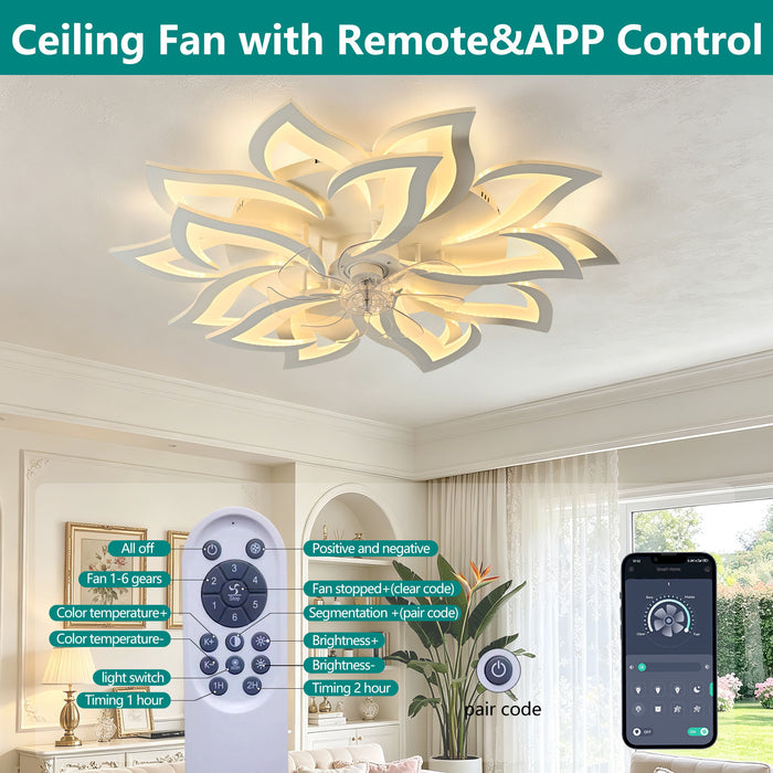 Ceiling Fan With Remote Control And Lights, 6 Speeds, 3 Color Temperatures, Low Profile Flush Mount