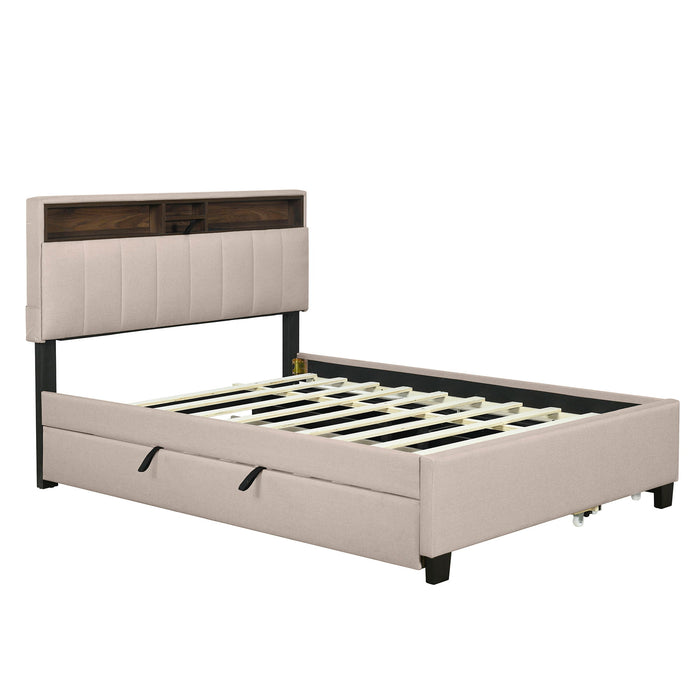 Upholstered Platform Bed With Storage Headboard, Trundle & 2 Drawers And A Set Of Sockets & USB Ports