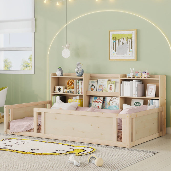 Platform Floor Bed With Guardrail Fence And Side Storage Shelves
