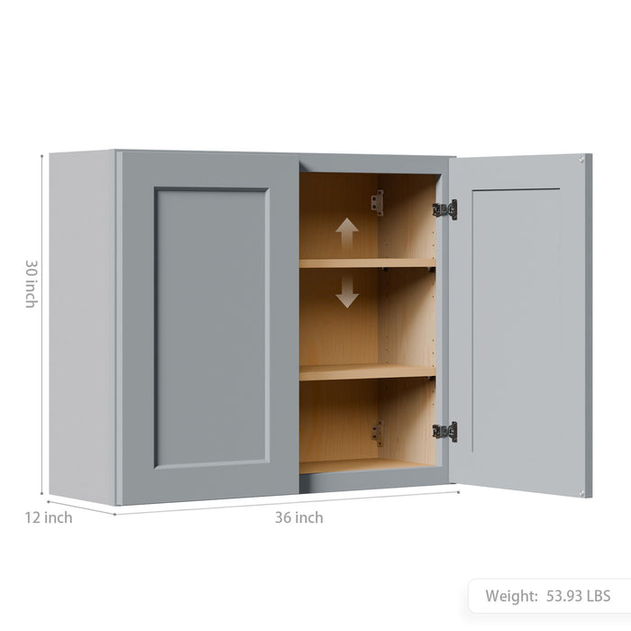 Shaker Wall Cabinet With Soft Close Hinges, Adjustable Shelves, Double Door