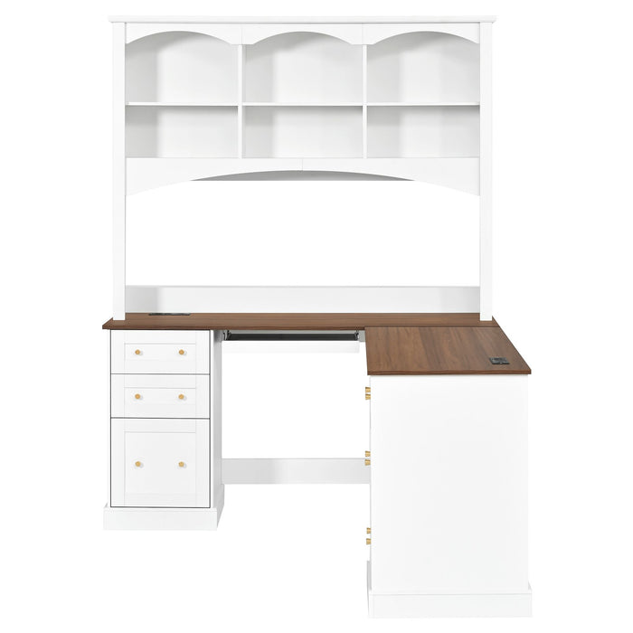 Space Saving L-Shaped Computer Desk With Keyboard Tray & Charging Stations