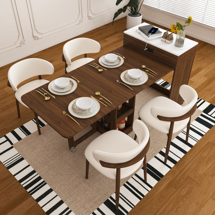Extendable Dining Table With Power Socket, Lockable Casters, Storage Cabinet, Pull Out Kitchen Island - Natural Walnut